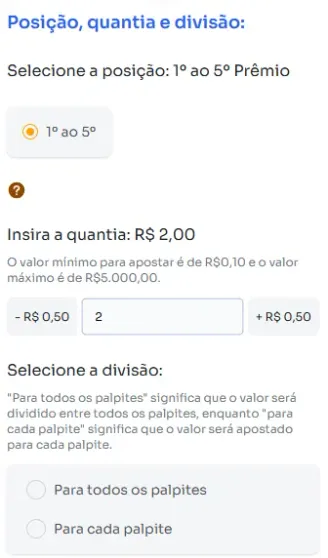 Seção posição, quantia e divisão para jogar na Terno de Grupo.