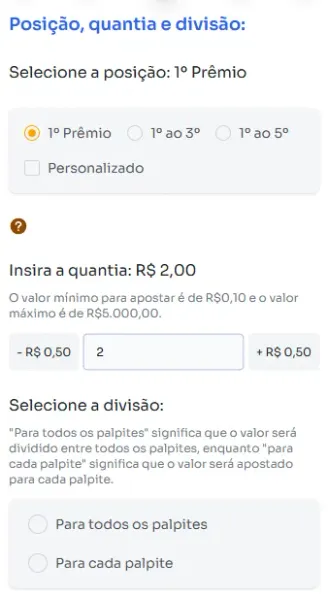 Seção posição, quantia e divisão para jogar na Milhar.