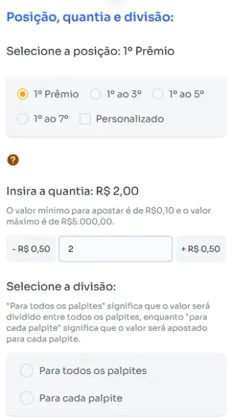 Seção posição, quantia e divisão para jogar na Centena.