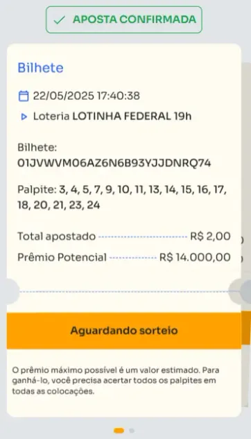 Bilhete de aposta feita na Lotinha.