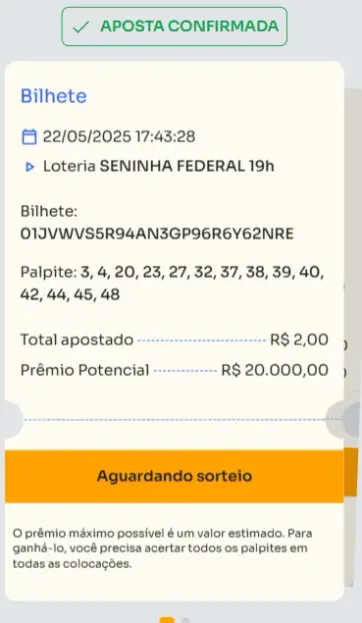 Bilhete de aposta feita na Seninha.