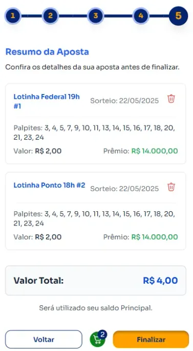 Seção de confirmação de apostas para jogar na Lotinha.