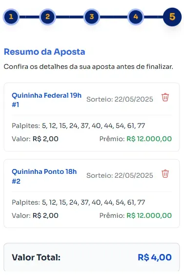 Seção de confirmação de apostas para jogar na Quininha.