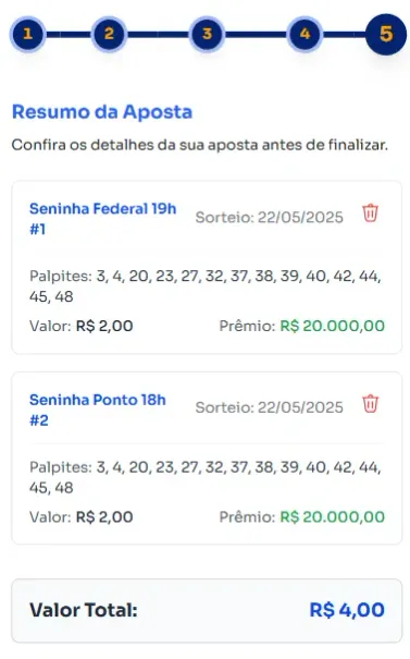 Seção de confirmação de apostas para jogar na Seninha.