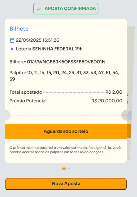 Bilhete de aposta feita na Seninha.