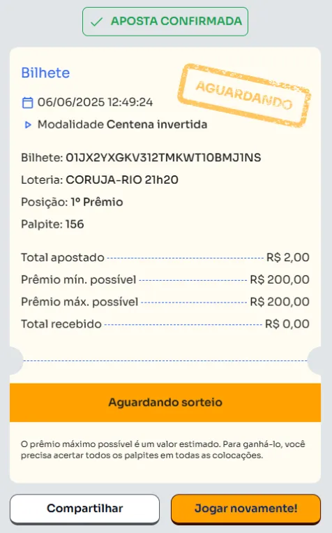 Bilhete de aposta feita na Centena Invertida.