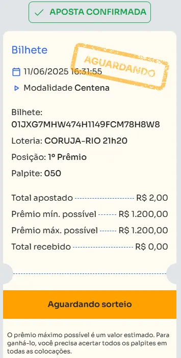 Bilhete de aposta feita na Centena.