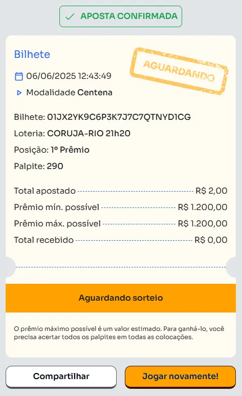 Bilhete de aposta feita na Centena.