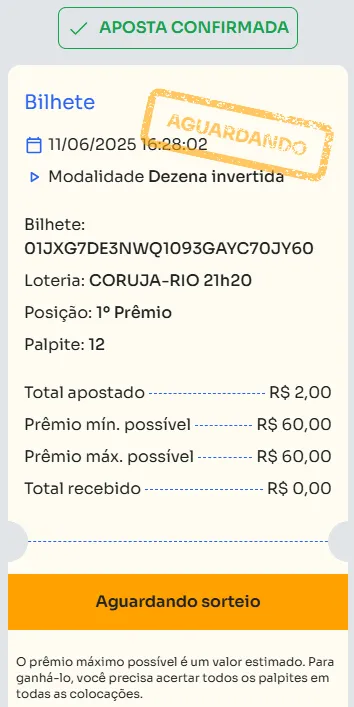 Bilhete de aposta feita na Dezena Invertida.