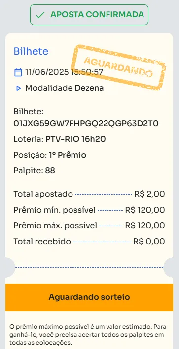 Bilhete de aposta feita na Dezena.