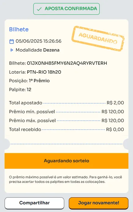 Bilhete de aposta feita na Dezena.