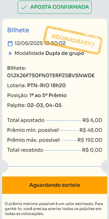 Bilhete de aposta feita na Dupla de Grupo.