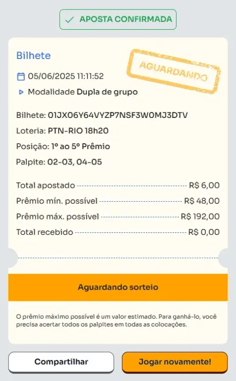 Bilhete de aposta feita na Dupla de Grupo.