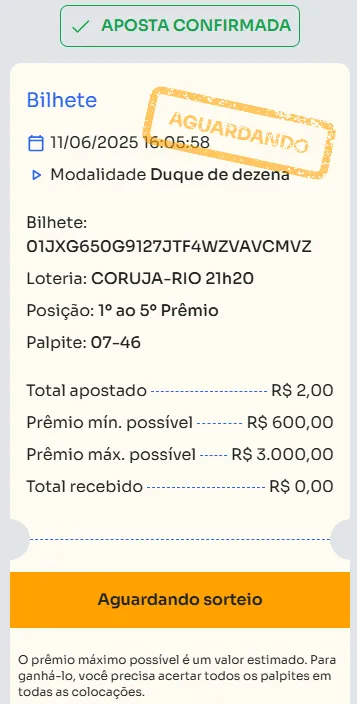 Bilhete de aposta feita na Duque de Dezena.