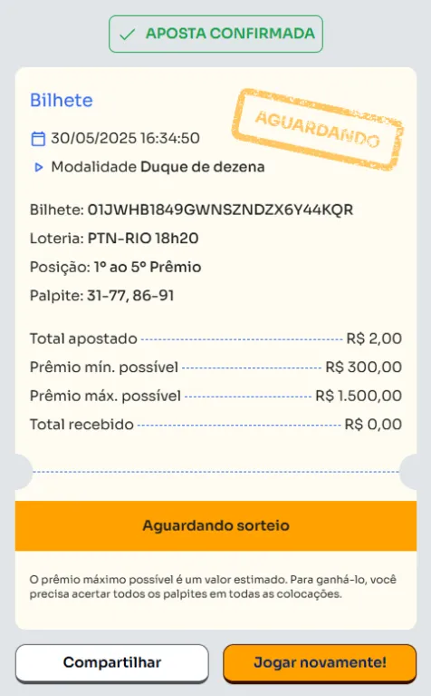 Bilhete de aposta feita na Duque de Dezena.