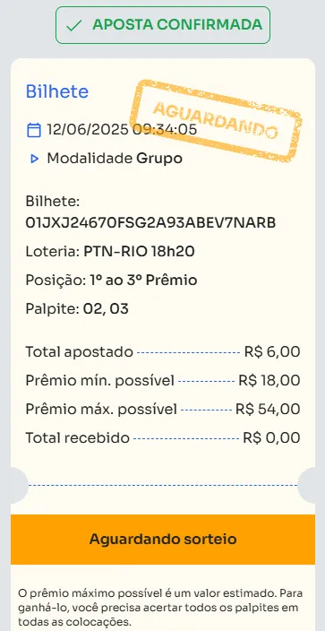 Bilhete de aposta feita na Grupo.