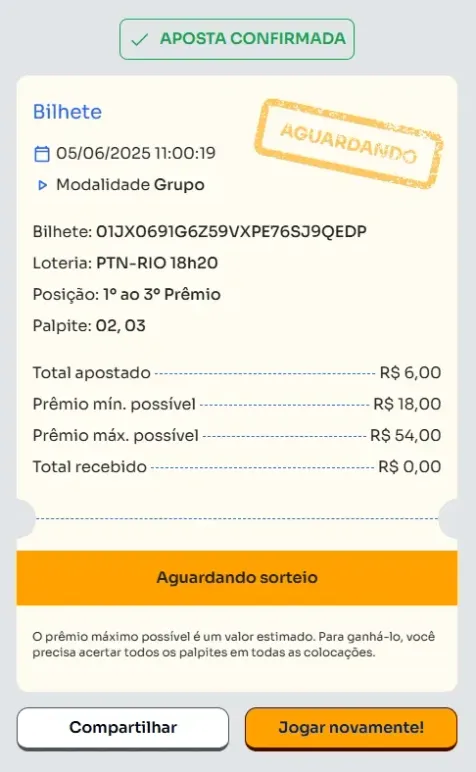 Bilhete de aposta feita na Grupo.