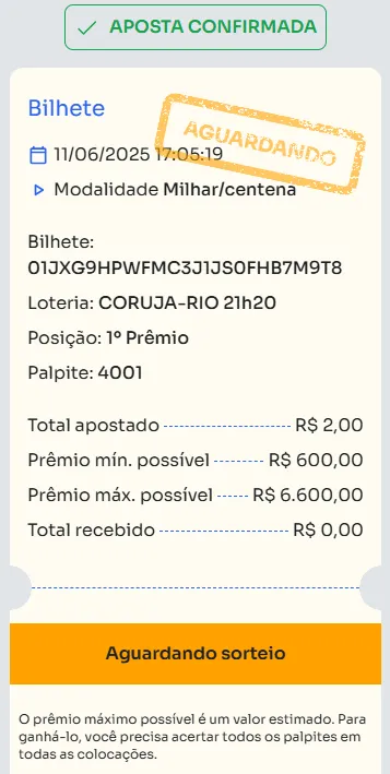 Bilhete de aposta feita na Milhar/centena.