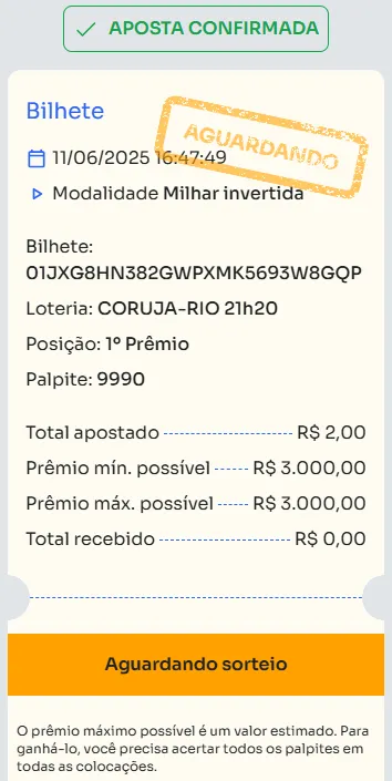 Bilhete de aposta feita na Milhar Invertida.