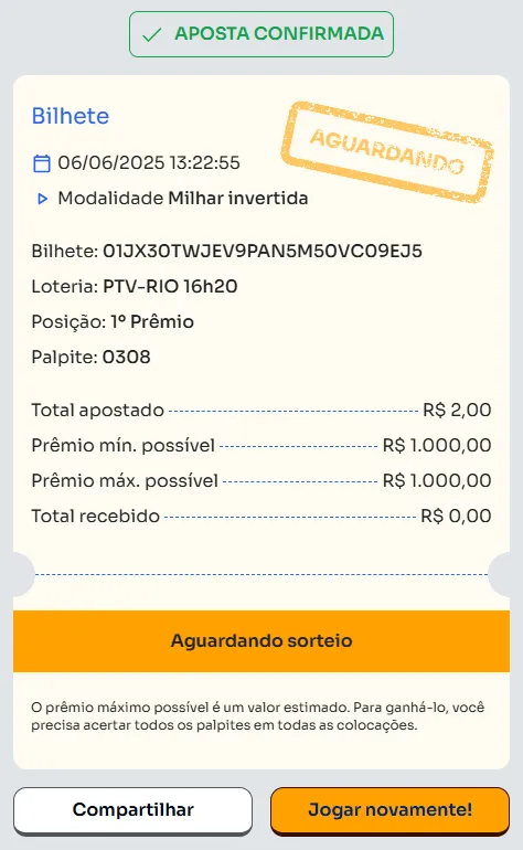 Bilhete de aposta feita na Milhar Invertida.