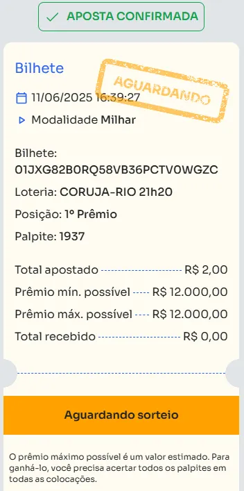 Bilhete de aposta feita na Milhar.