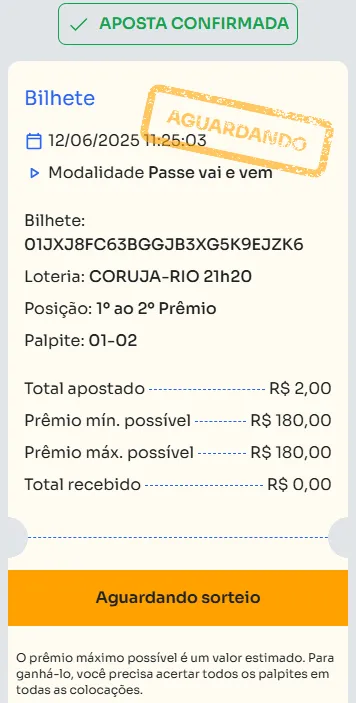 Bilhete de aposta feita na Passe vai e vem.