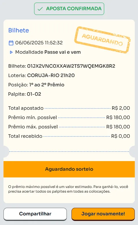 Bilhete de aposta feita na Passe vai e vem.