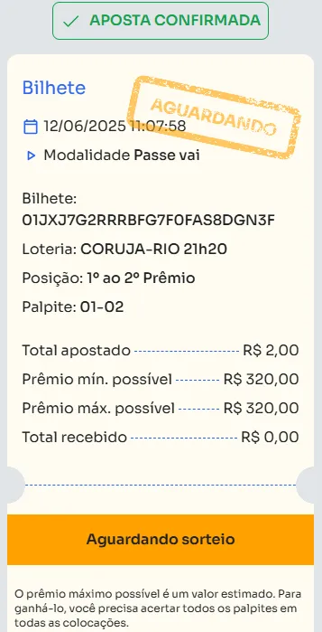 Bilhete de aposta feita na Passe vai.