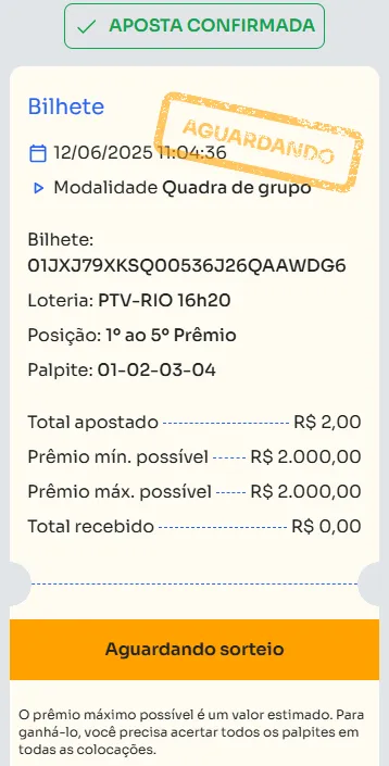 Bilhete de aposta feita na Quadra de Grupo.