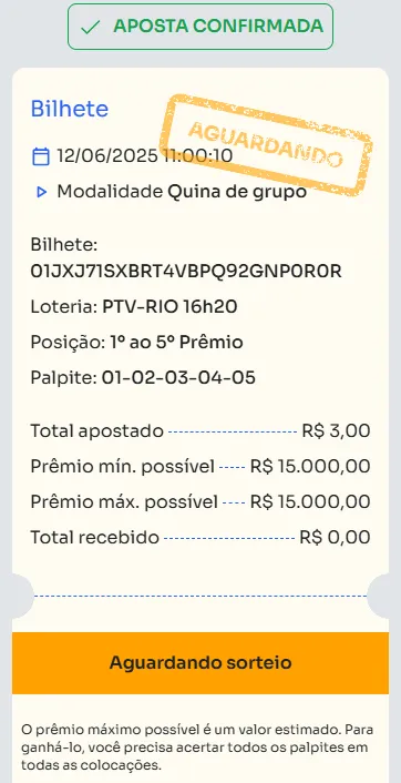 Bilhete de aposta feita na Quina de Grupo.