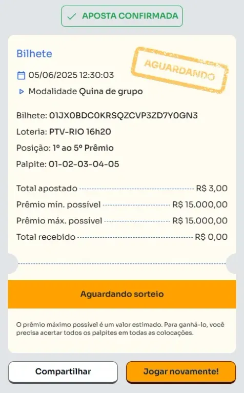 Bilhete de aposta feita na Quina de Grupo.