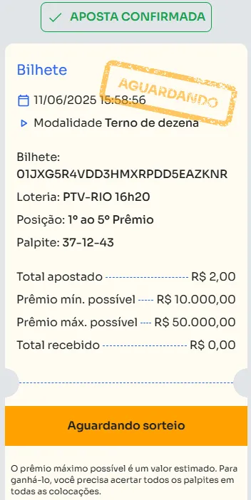 Bilhete de aposta feita na Terno de Dezena.