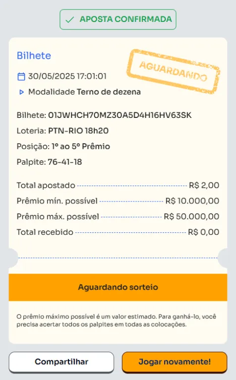 Bilhete de aposta feita na Terno de Dezena.