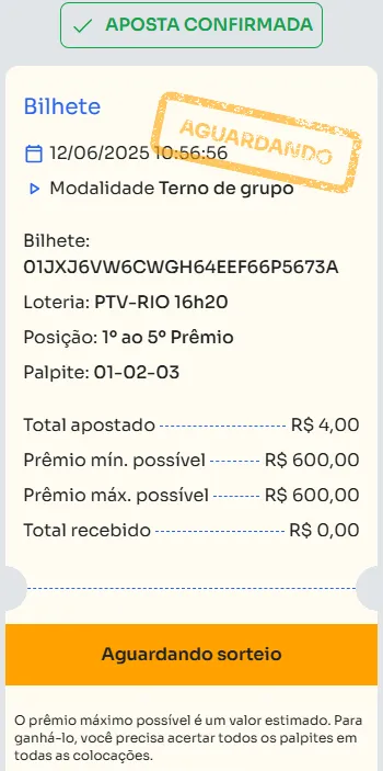 Bilhete de aposta feita na Terno de Grupo.