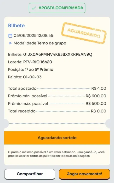 Bilhete de aposta feita na Terno de Grupo.