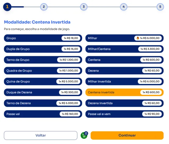 Seção modos para jogar na Centena Invertida.