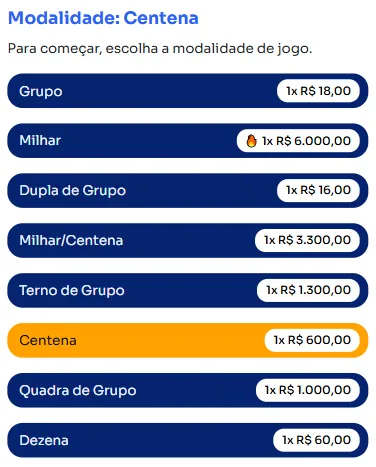Seção modos para jogar na Centena.