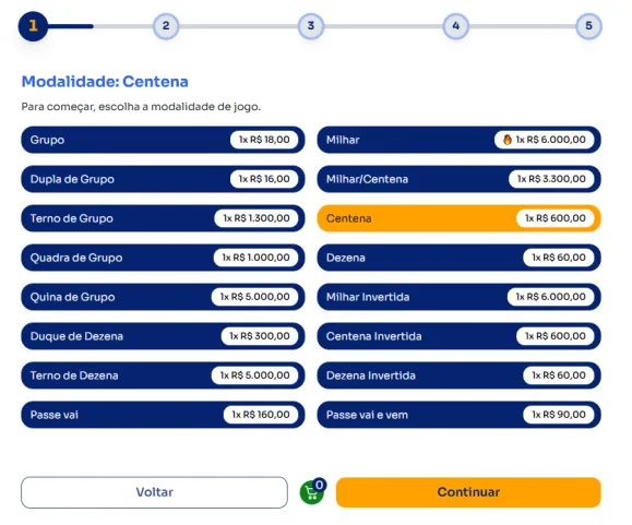 Seção modos para jogar na Centena.