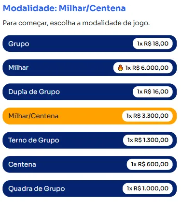 Seção modos para jogar na Milhar/centena.