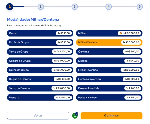 Seção modos para jogar na Milhar/centena.