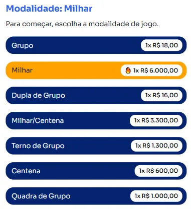 Seção modos para jogar na Milhar.