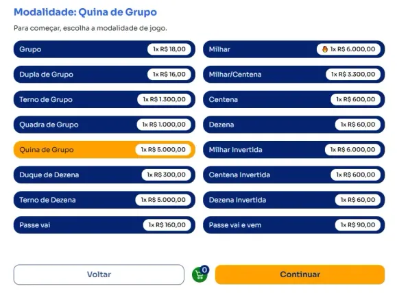 Seção modos para jogar na Quina de Grupo.