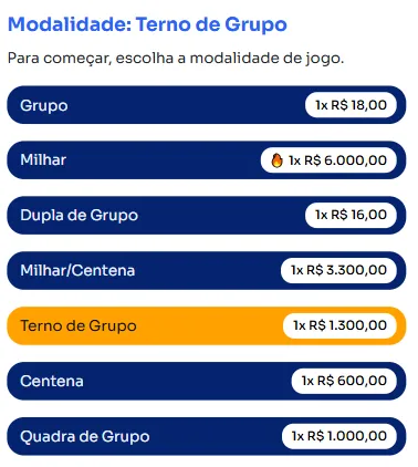 Seção modos para jogar na Terno de Grupo.