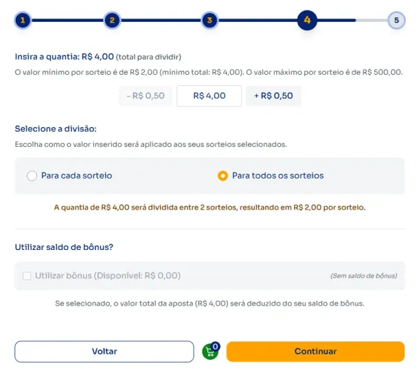 Seção quantia para jogar na Quininha.