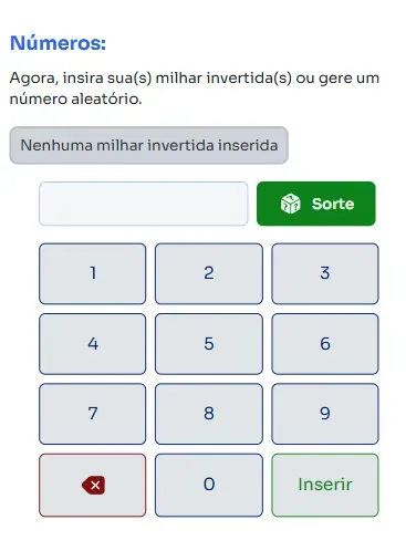 Seção números para jogar na Milhar Invertida.