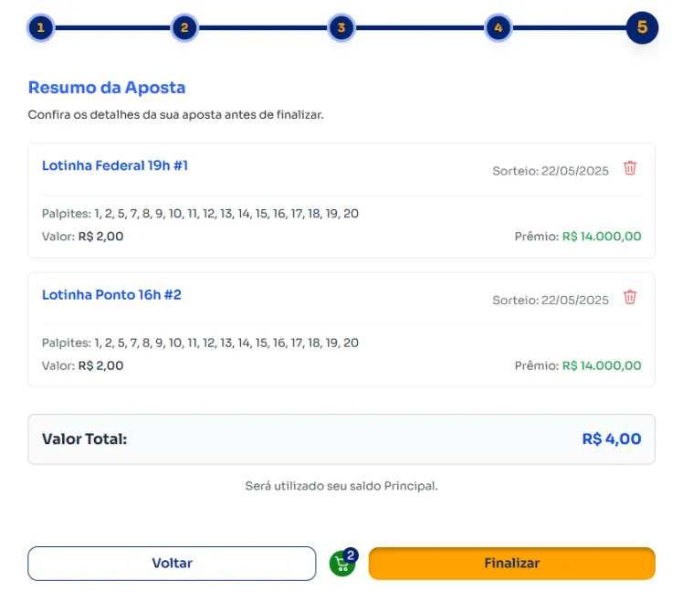 Seção de confirmação de apostas para jogar na Lotinha.