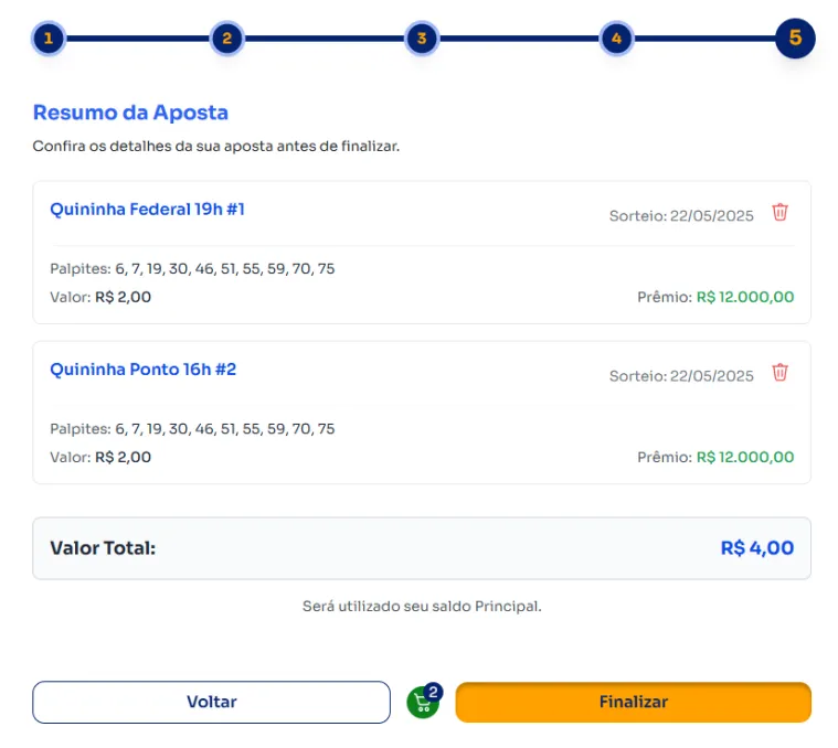 Seção de confirmação de apostas para jogar na Quininha.