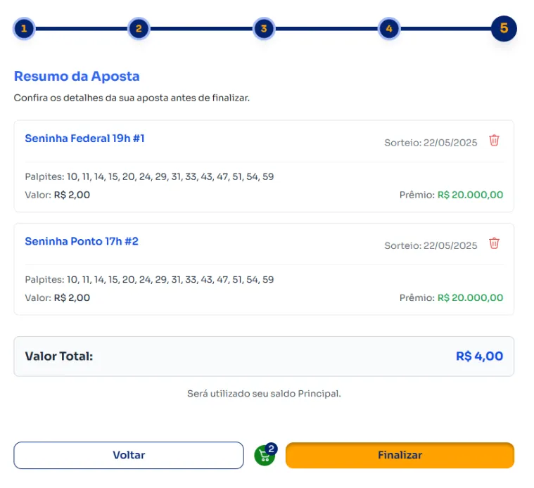 Seção de confirmação de apostas para jogar na Seninha.