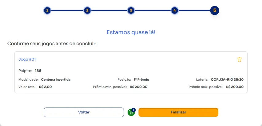 Seção de confirmação de apostas para jogar na Centena Invertida.