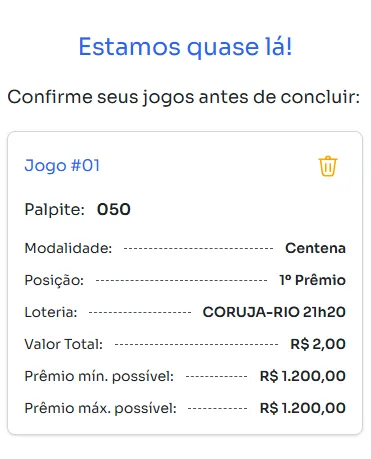 Seção de confirmação de apostas para jogar na Centena.